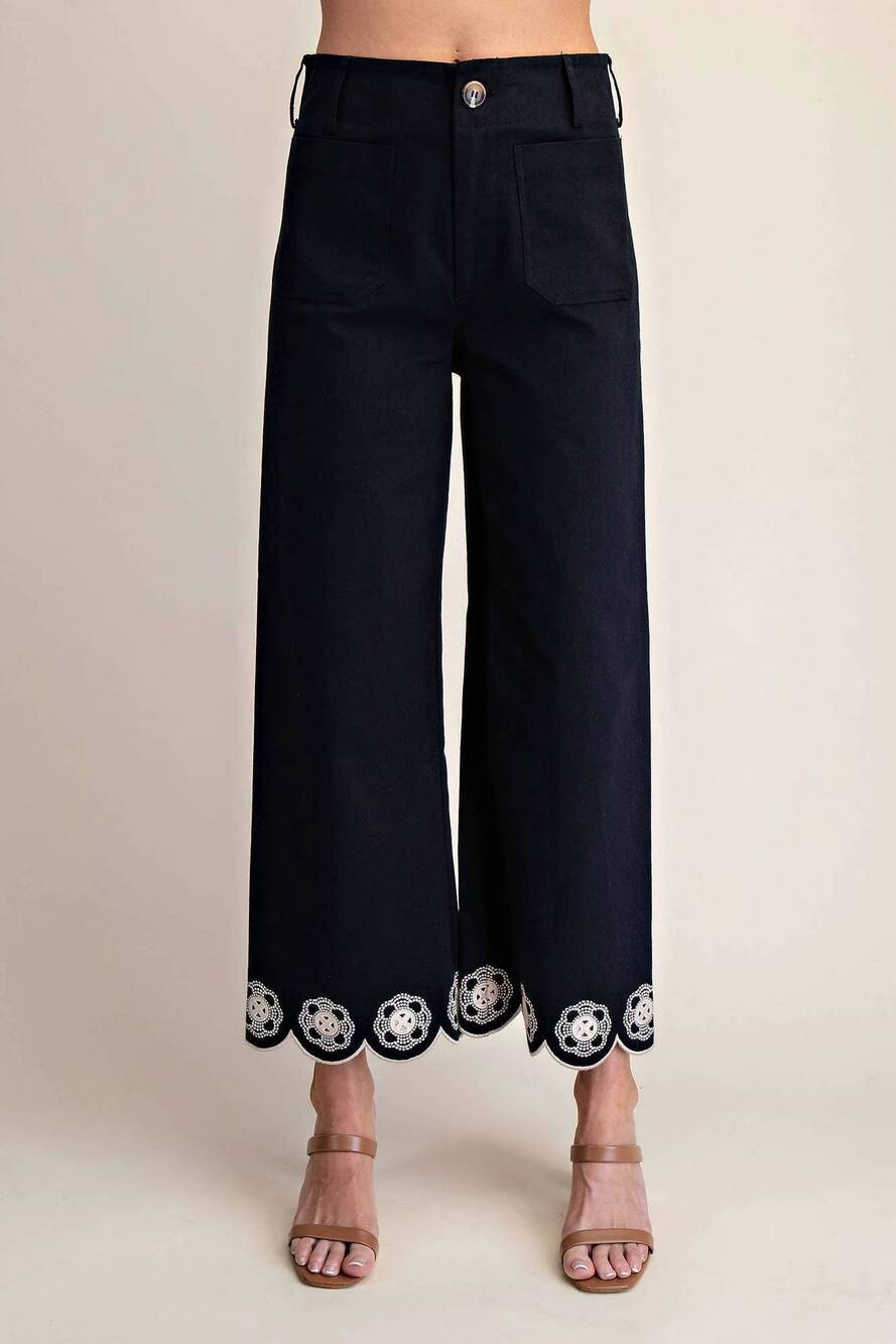NEW GLAM embroidered scallop leg pants in navy